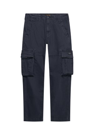 Pantaloni cargo blu navy scuro con chiusura a bottone e zip, passanti per cintura, tasche laterali e grandi tasche con pattina su ogni coscia, taglio a gamba dritta.