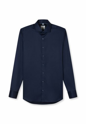 Herren-Hemd in Dunkelblau mit langen Ärmeln, Knöpfen auf der Vorderseite und klassischem Kragen, flach liegend auf weißem Hintergrund.