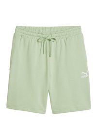 Lichtgroene katoenen shorts met een elastische tailleband en een trekkoord, voorzien van een wit Puma-logo aan de onderkant rechts.