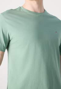 Kortærmet t-shirt i mintgrøn bomuldsstof, med rund hals og et lille logo på brystet. Glat tekstur.