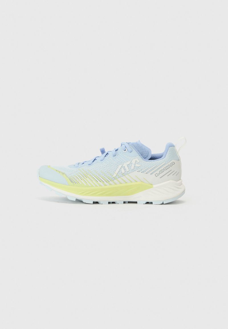 Light blue running shoe with a mesh upper, yellow accents, and textured sole. Features include minimal branding and a cushioned heel.