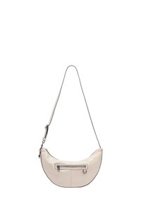 Beżowa skórzana torba na ramię o kształcie półksiężyca, z przednią kieszenią na zamek i regulowanym paskiem. Gładka faktura i minimalistyczny design.