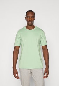 Helles grünes T-Shirt mit kurzen Ärmeln aus Baumwolle, mit einem klassischen Rundhalsausschnitt und einem Logopatch auf dem linken Ärmel.