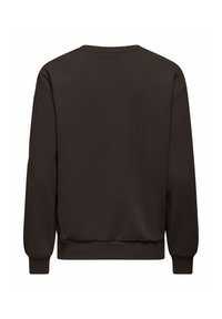 Sweat-shirt long à manches longues marron foncé uni avec poignets et ourlet côtelés, vu de dos sur fond blanc.