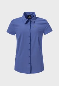 Blue short-sleeved shirt with a collared neckline, button front, and subtle logo detail. Soft fabric with a smooth texture. Features side zipper pocket.