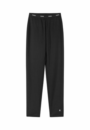 Pantalons de sport noirs avec une texture lisse, taille élastique avec le logo "reima" et un petit logo sur la jambe inférieure.
