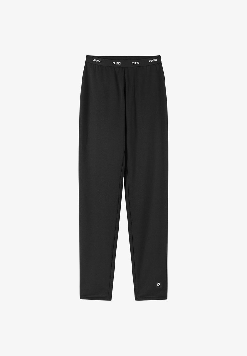 Black athletic pants with a smooth texture, elastic waistband featuring "reima" branding, and a small logo on the lower leg.