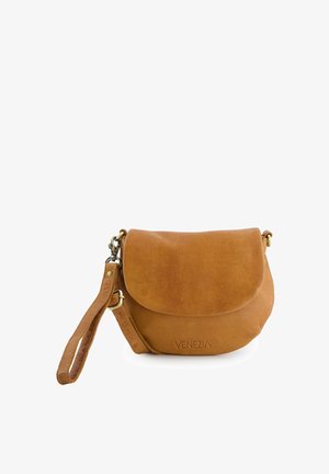 Brown leather crossbody purse with flap closure and detachable wrist strap, branded "VENEZIA" embossed on front.