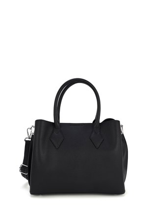 Zwarte leren handtas met twee afgeronde handvatten, een afneembare schouderriem en zilverkleurige hardware op een witte achtergrond.