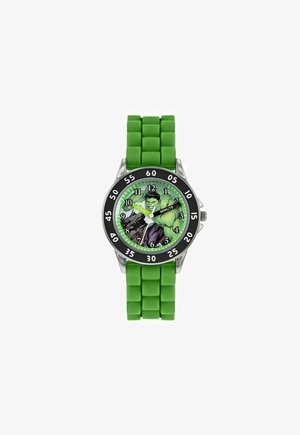 Orologio verde in gomma con cinturino testurizzato, cassa rotonda in argento e un design colorato di Hulk sul quadrante, con numeri e lancette neri.