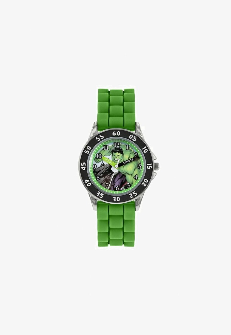 Orologio verde in gomma con cinturino testurizzato, cassa rotonda in argento e un design colorato di Hulk sul quadrante, con numeri e lancette neri.