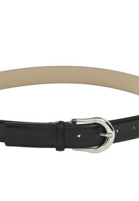 Zwarte leren riem met een gladde afwerking, een zilveren metalen gesp en een beige binnenvoering. Bevat meerdere verstelgaten voor maatvoering.