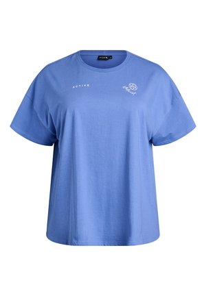 Blaues Kurzarm-T-Shirt mit lockerem Schnitt und rundem Ausschnitt, mit weißem "ACTIVE"-Schriftzug und kleinem Logo auf der oberen Brust.