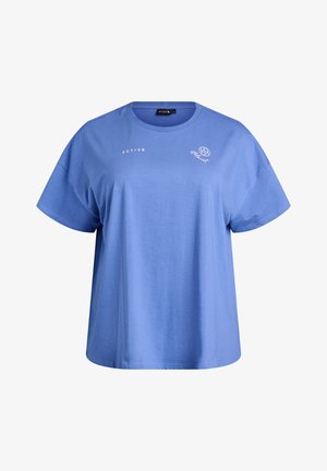 Blaues Kurzarm-T-Shirt mit lockerem Schnitt und rundem Ausschnitt, mit weißem "ACTIVE"-Schriftzug und kleinem Logo auf der oberen Brust.