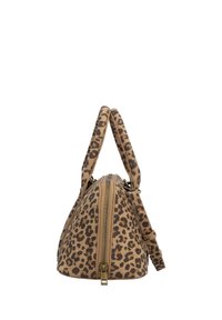 Sac à main à imprimé léopard avec double poignées, fermeture éclair sur le dessus et bandoulière réglable, présenté de profil sur fond blanc.