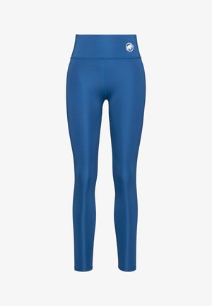 Leggings de sport bleu taille haute avec un logo Mammut sur la hanche gauche, texture lisse et coupe longue.