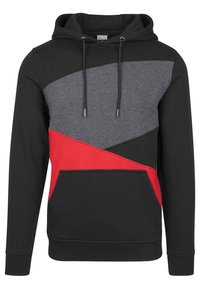 Mikina s kapucí v kombinaci černé, šedé a červené barvy; obsahuje klokaní kapsu a kapuci s nastavitelným stahovacím šňůrkou.