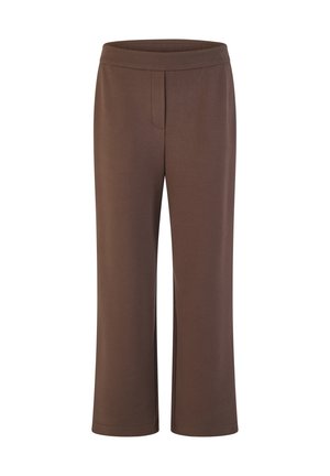 Brown high-waist wide-leg trousers with a smooth front and no visible pockets or buttons.