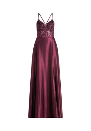 Langes, satinrot tief burgunderfarbenes Abendkleid mit verziertem, tailliertem Oberteil und dünnen doppelten Schulterträgern.