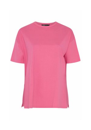 T-shirt rose à manches courtes avec col rond, coupe décontractée et petites fentes latérales à l'ourlet.