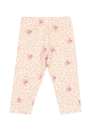 Leggings beige pour bébé avec des taches de léopard marron clair et des motifs floraux roses en forme de roses partout, présentés à plat sur un fond blanc.