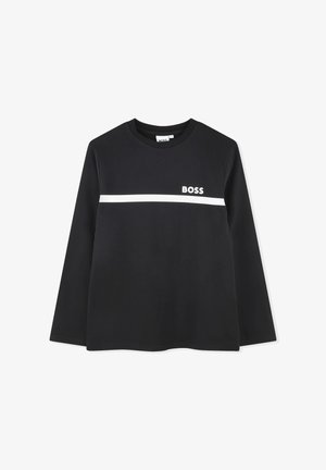 Zwart shirt met lange mouwen en een witte horizontale streep over de borst, met het "BOSS" logo aan de linkerkant boven de streep.