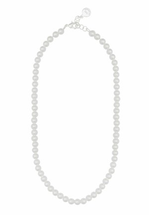 Single strand of white pearls with a silver lobster clasp and small round tag on a white background.
