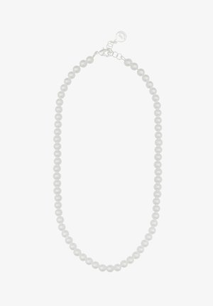 Single strand of white pearls with a silver lobster clasp and small round tag on a white background.