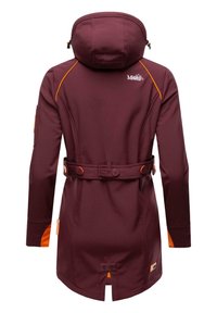 Maroon coat with a hood, orange accents, belted waist, and button closure. Made of durable fabric, featuring a longer back with side pockets.