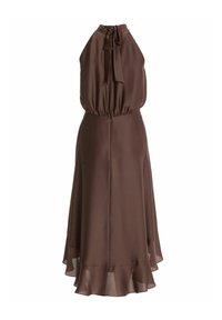 Robe midi marron sans manches avec col licou, taille froncée, jupe évasée et ourlet à volants.
