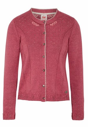 Roter Strickcardigan mit Rundhalsausschnitt, vorderen Knöpfen, floralem besticktem Muster und Spitzenverzierungen am Saum und an den Ärmeln.