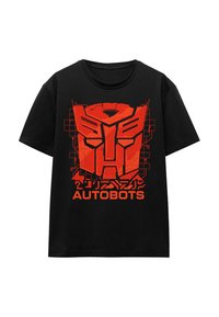 Schwarzes Baumwoll-T-Shirt mit einem auffälligen roten Grafik eines stilisierten Roboterkopfes und dem Text "AUTOBOTS" darunter.