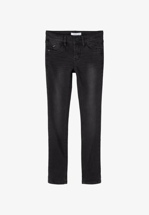 Jean slim noir pour enfants avec bouton frontal, passants de ceinture et design cinq poches, fabriqué en tissu denim légèrement délavé.