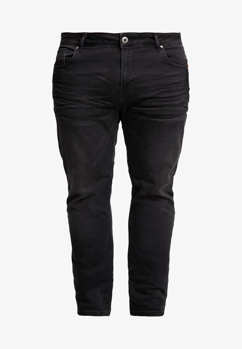 Zwarte denim jeans met een slim fit, vijf zakken, knoop- en ritsluiting, en subtiele textuurdetails. Versterkte stiksels langs de naden.