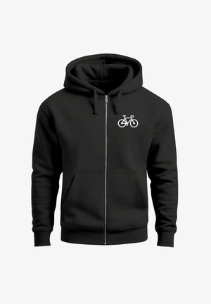 Black zip-up hoodie made of cotton blend, featuring a front pocket and a white bicycle graphic on the left chest area.
