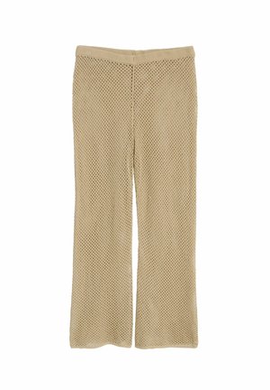 Beige meshbroeken met een wijdleggingontwerp, gemaakt van een textuurgebreid stof en voorzien van een elastische tailleband voor comfort.