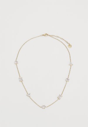 Colier cu ton auriu ce prezintă pietre prețioase clare în diverse forme, inclusiv rotunde și pătrate, pe o lanț delicat cu un sistem de închidere ajustabil.