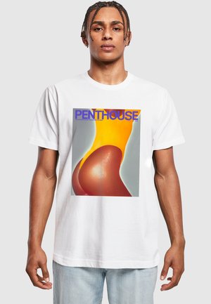White T-shirt featuring a graphic design with the word "PENTHOUSE." The image depicts curvy shapes in yellow and brown tones.