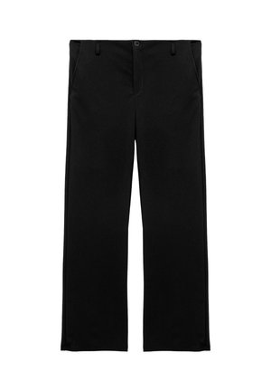 Schwarze, gerade geschnittene Hose mit seitlichen Taschen, Gürtelschlaufen und vorne mit Knopfverschluss auf weißem Hintergrund.