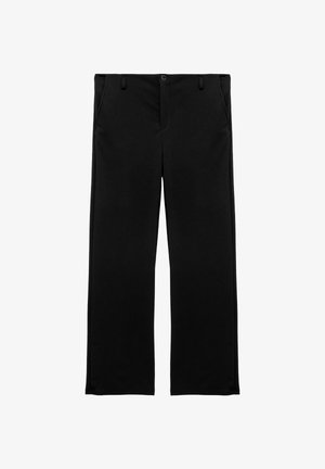 Pantaloni neri a gamba dritta con tasche laterali, passanti per cintura e chiusura frontale con bottoni su sfondo bianco.