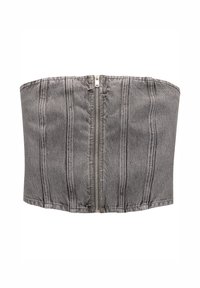 Grijze denim tube top met verticale stikpatronen en een ritsluiting aan de voorkant. Gladde textuur met een aansluitend ontwerp.