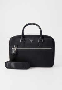 Borsa per laptop nera realizzata in tessuto testurizzato con dettagli in pelle, dotata di doppi manici superiori, una tracolla staccabile e una tasca frontale con zip.