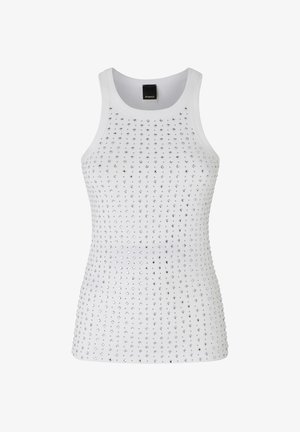 Bijela bezrukavna majica s rebrastom teksturom i okruglim ukrasima u obliku dijamanta, suptilnim sjajem i klasičnim krojem.