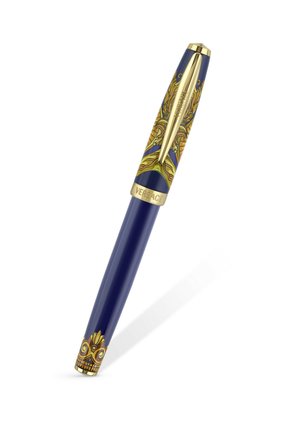 Blå og gylden luksuspen med indviklet barokmønster, gylden clips og "Versace" indgravering på kappen.