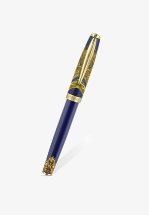 Blå og gylden luksuspen med indviklet barokmønster, gylden clips og "Versace" indgravering på kappen.