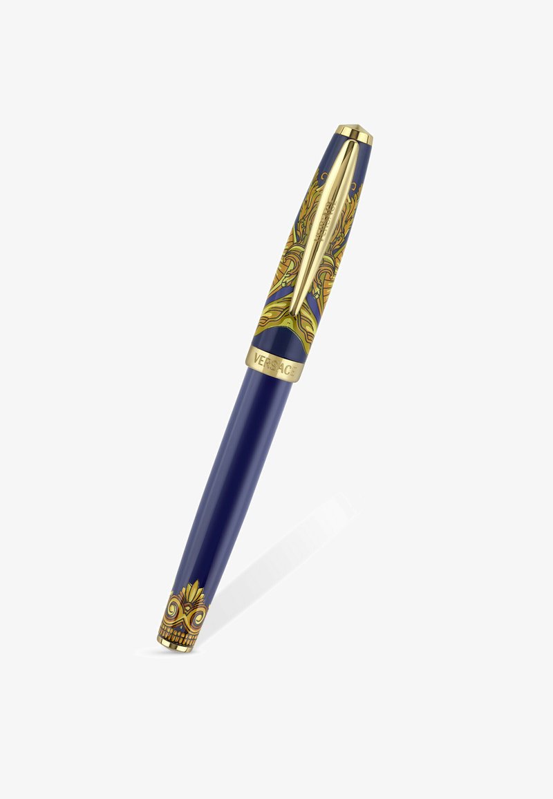 Stylo de luxe bleu et or avec un motif baroque complexe, clip doré et gravure "Versace" sur la bague du capuchon.