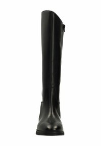 Zwarte leren kniehoge laars met een gladde, glanzende afwerking, voorzien van een zijrits en een platte zool, ontworpen voor een slanke silhout.