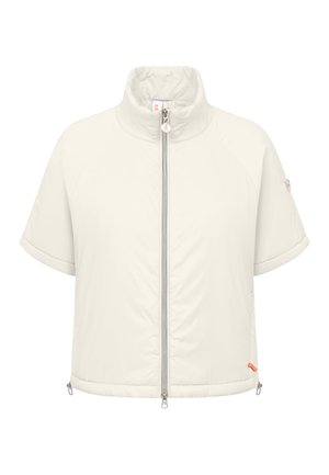 Korte mouwen, lichtbeige gewatteerd jack met hoge kraag en volledige ritssluiting aan de voorkant, voorzien van verstelbare trekkoorden aan de zoom.