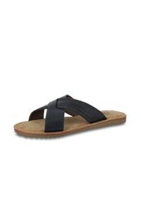 Sandale glissante en cuir noir avec des brides croisées, une semelle intérieure en suède beige doux et une semelle extérieure en caoutchouc texturé. Décontractée et facile à porter.