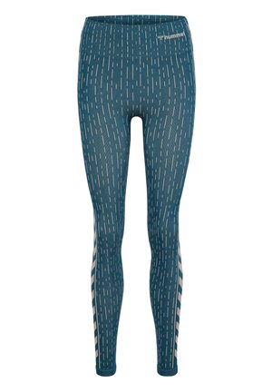 Blue leggings with white vertical line pattern, elastic waistband, and branded logo. Made from stretchy fabric, tailored for a fitted look.